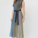 STRIPED SSLV MIDI DRESS W TIE