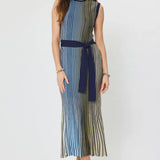 STRIPED SSLV MIDI DRESS W TIE