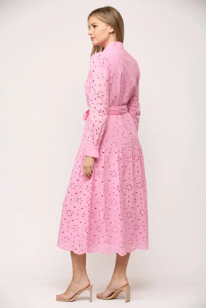 LAYTON BELTED BUTTON DOWN LACE MIDI DRESS