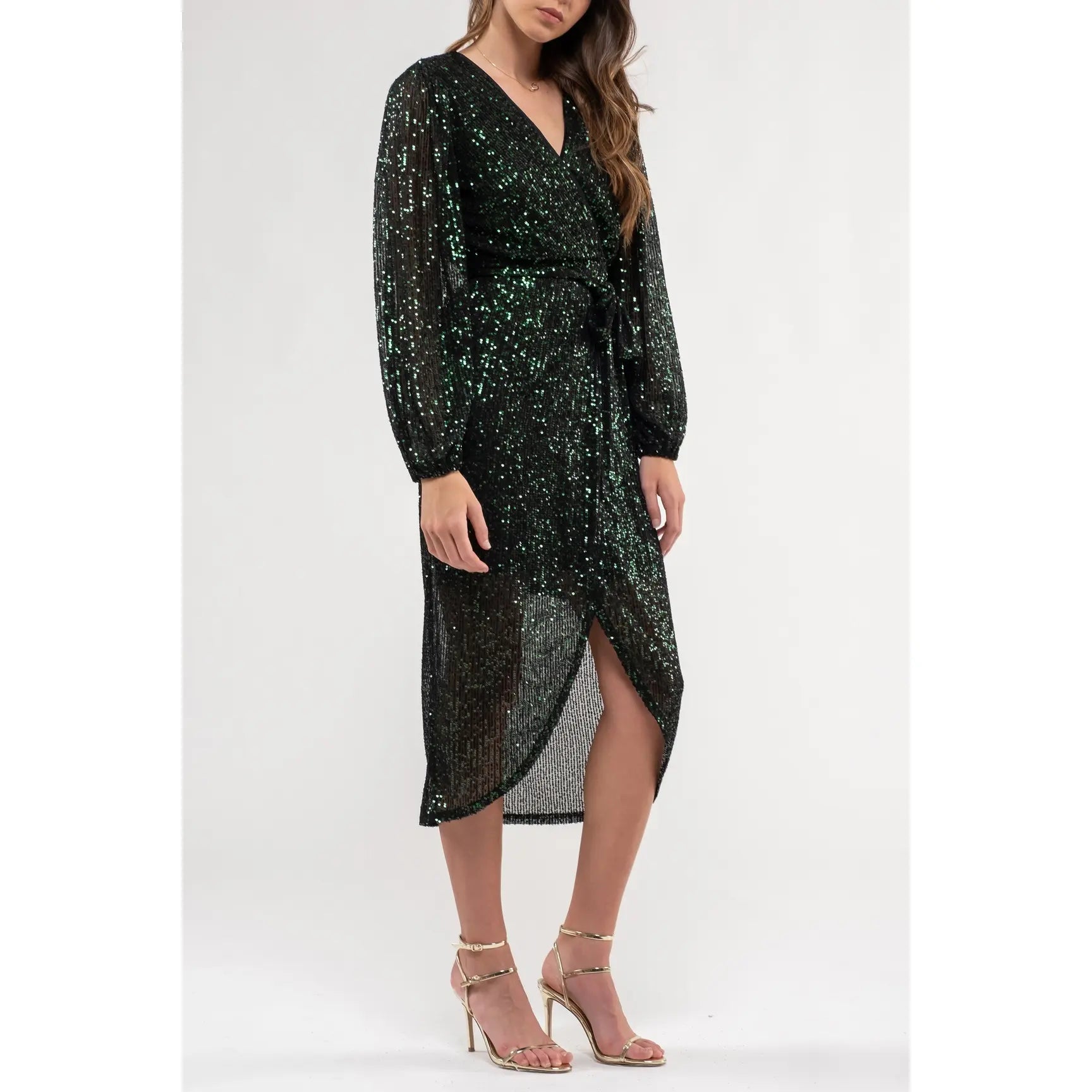 SEQUIN SURPLICE MIDI DRESS