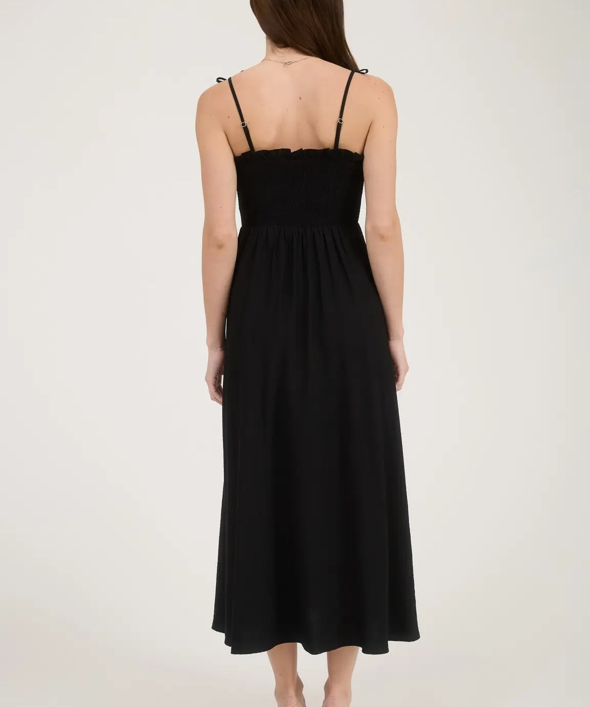 BOW STRAP SMOCKED MIDI DRESS
