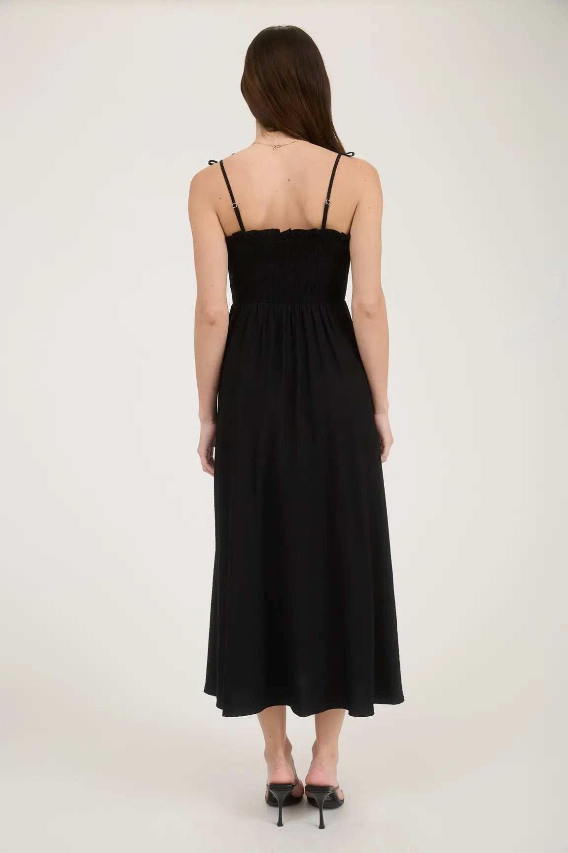BOW STRAP SMOCKED MIDI DRESS