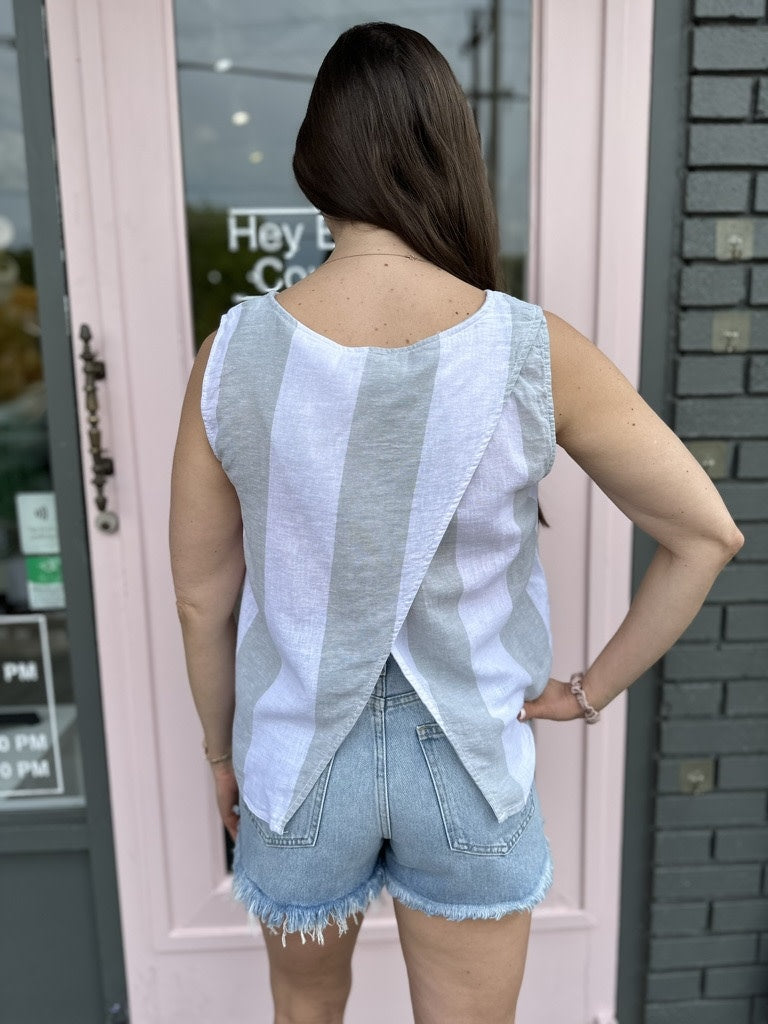 KELIS WIDE STRIPED SLVLESS LINEN TOP