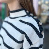 PEARL JEWELED SHOULDER STRIPED SWEATER