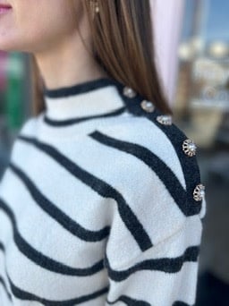 PEARL JEWELED SHOULDER STRIPED SWEATER