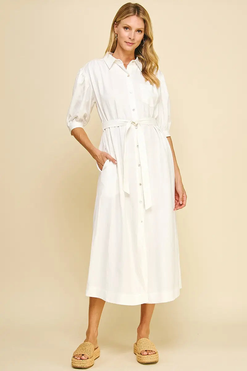 LINEN BUTTON DOWN MIDI DRESS