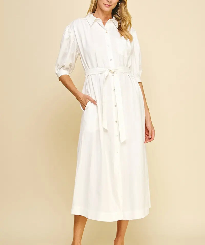 LINEN BUTTON DOWN MIDI DRESS