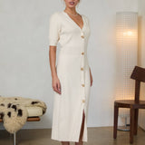 Ribbed Short Sleeve Midi Dress with Gold Buttons