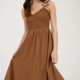 BOW STRAP SMOCKED MIDI DRESS