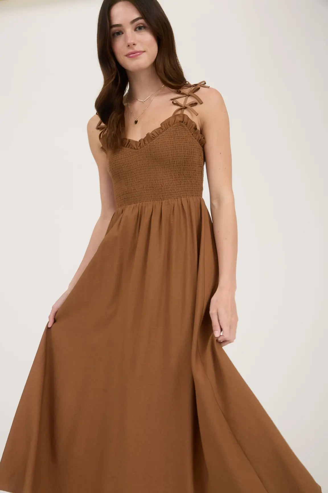BOW STRAP SMOCKED MIDI DRESS