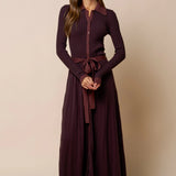 Brown Ribbed Belted Midi Dress