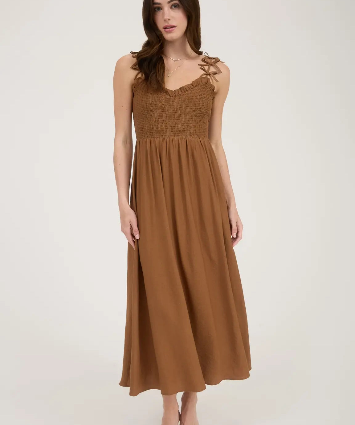BOW STRAP SMOCKED MIDI DRESS