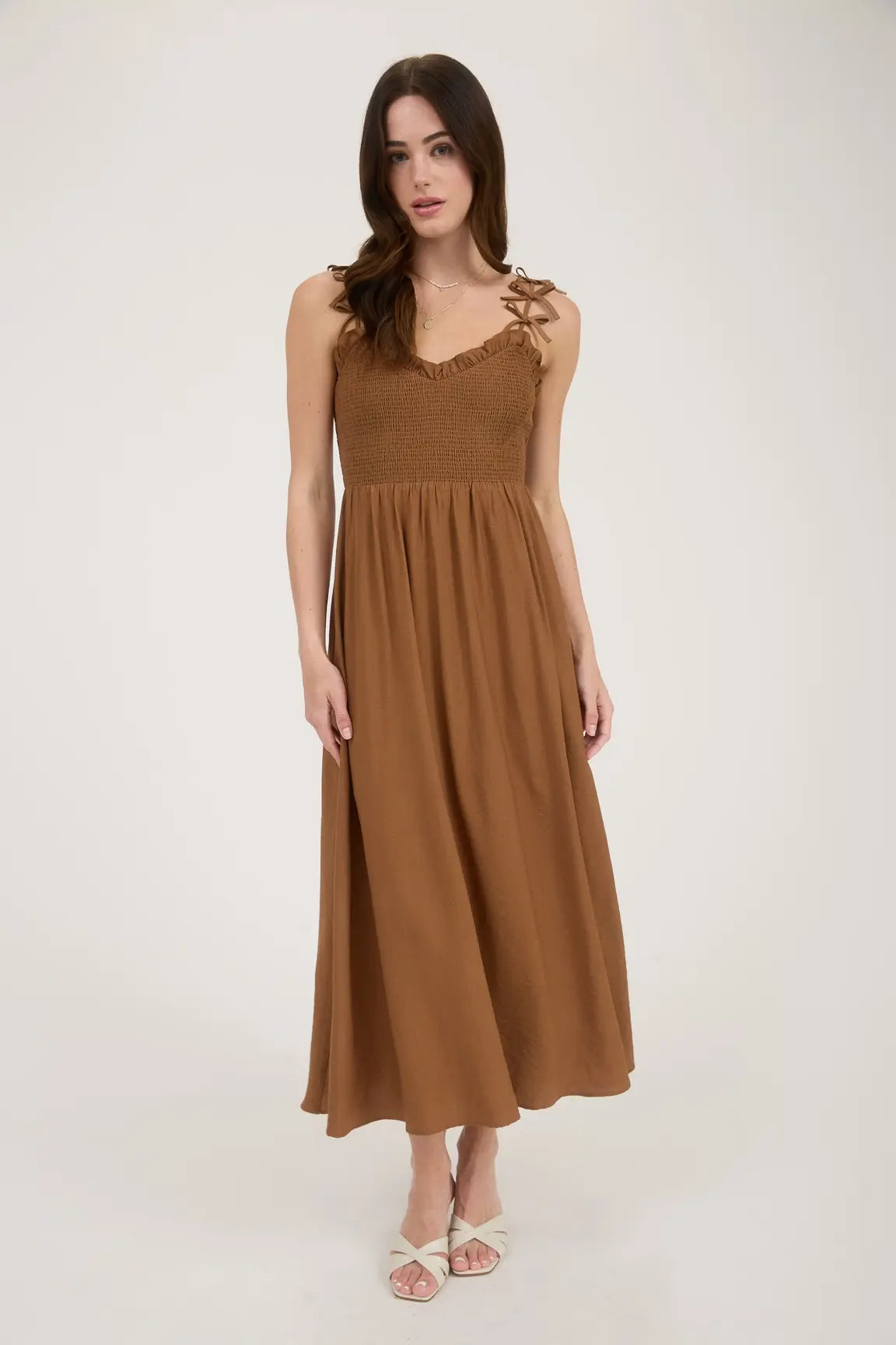 BOW STRAP SMOCKED MIDI DRESS