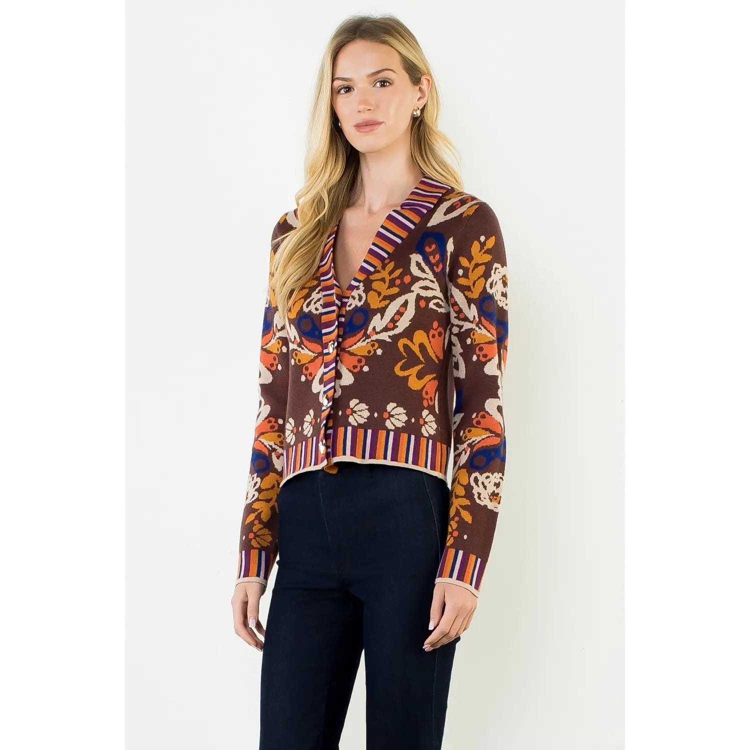 Floral V-Neck Cardigan w/ Gold Buttons