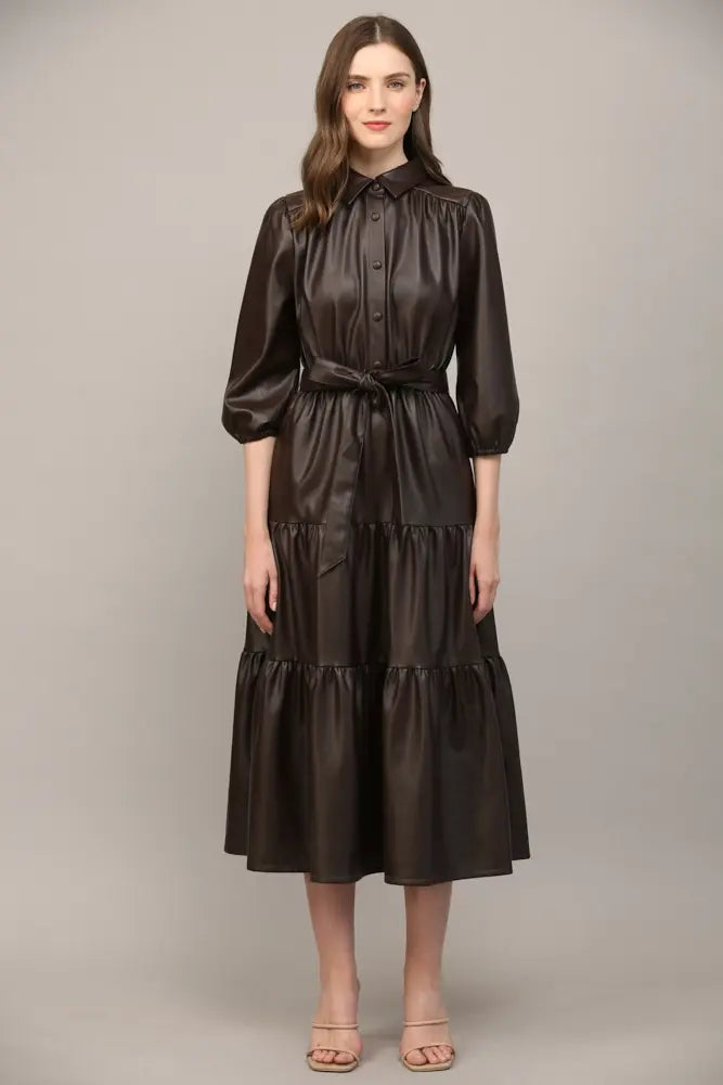 FAUX LEATHER TIERED MIDI DRESS