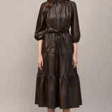 FAUX LEATHER TIERED MIDI DRESS