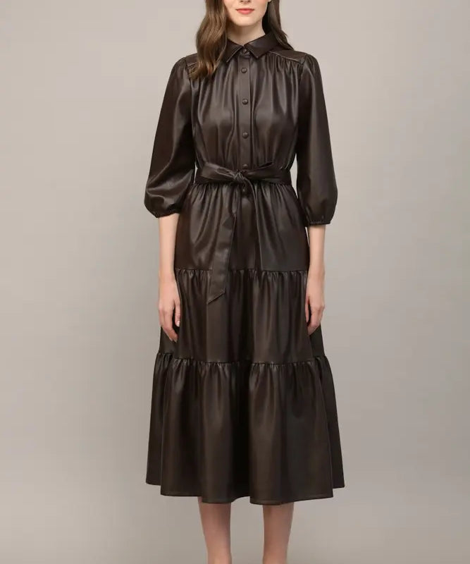 FAUX LEATHER TIERED MIDI DRESS