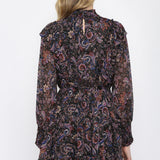 PAISLEY SMOCK NECKLINE RUFFLE DRESS