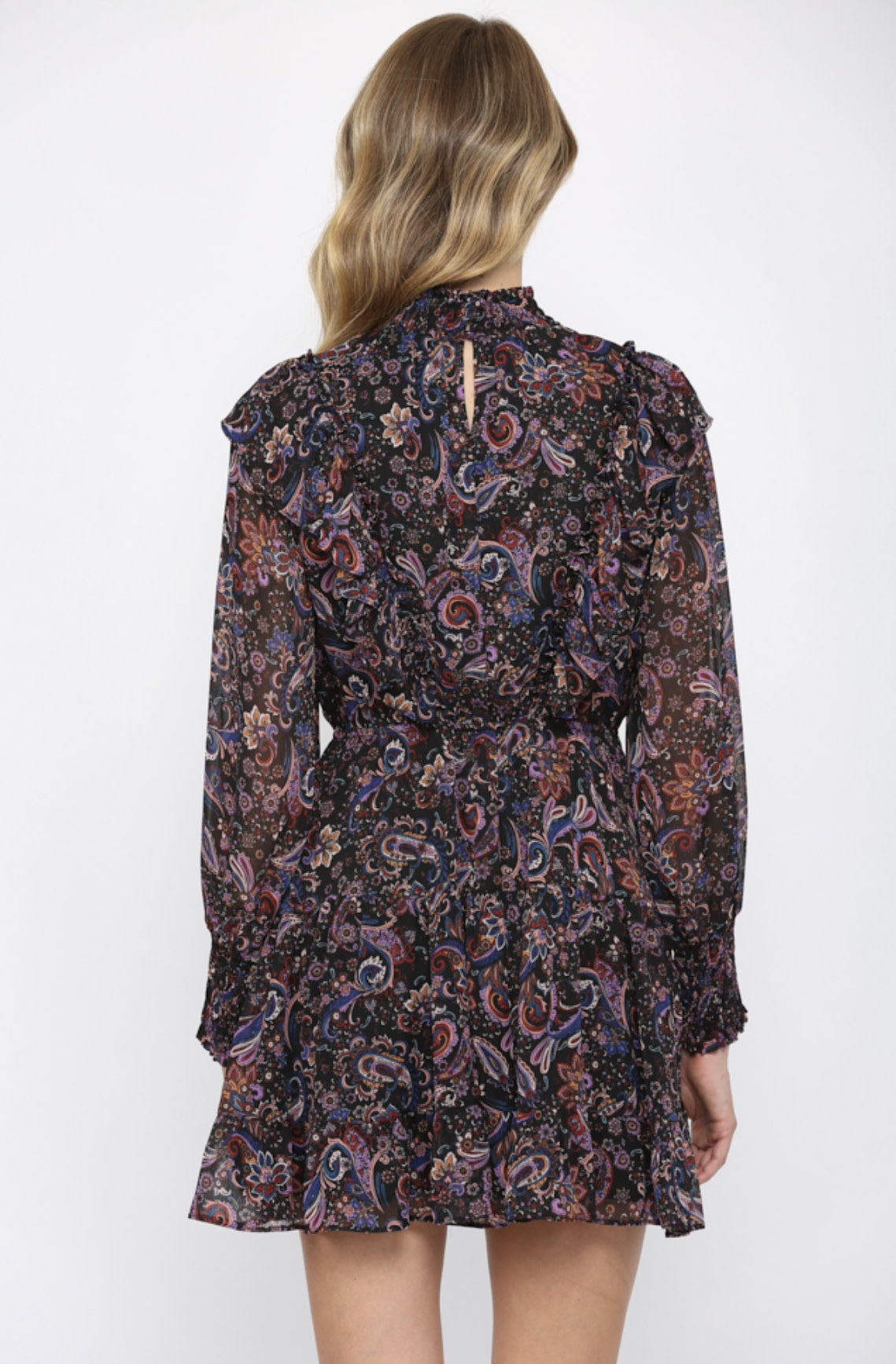 PAISLEY SMOCK NECKLINE RUFFLE DRESS