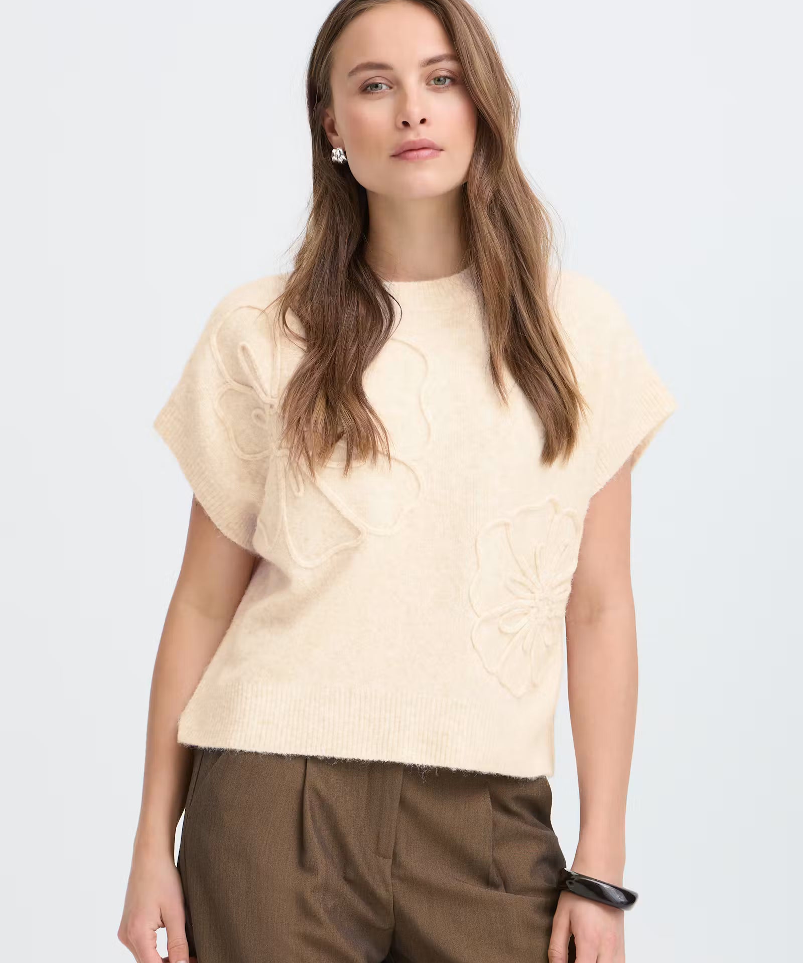 Raised Floral Knit Top Cream