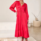 V NECK SATIN TIERED MIDI DRESS