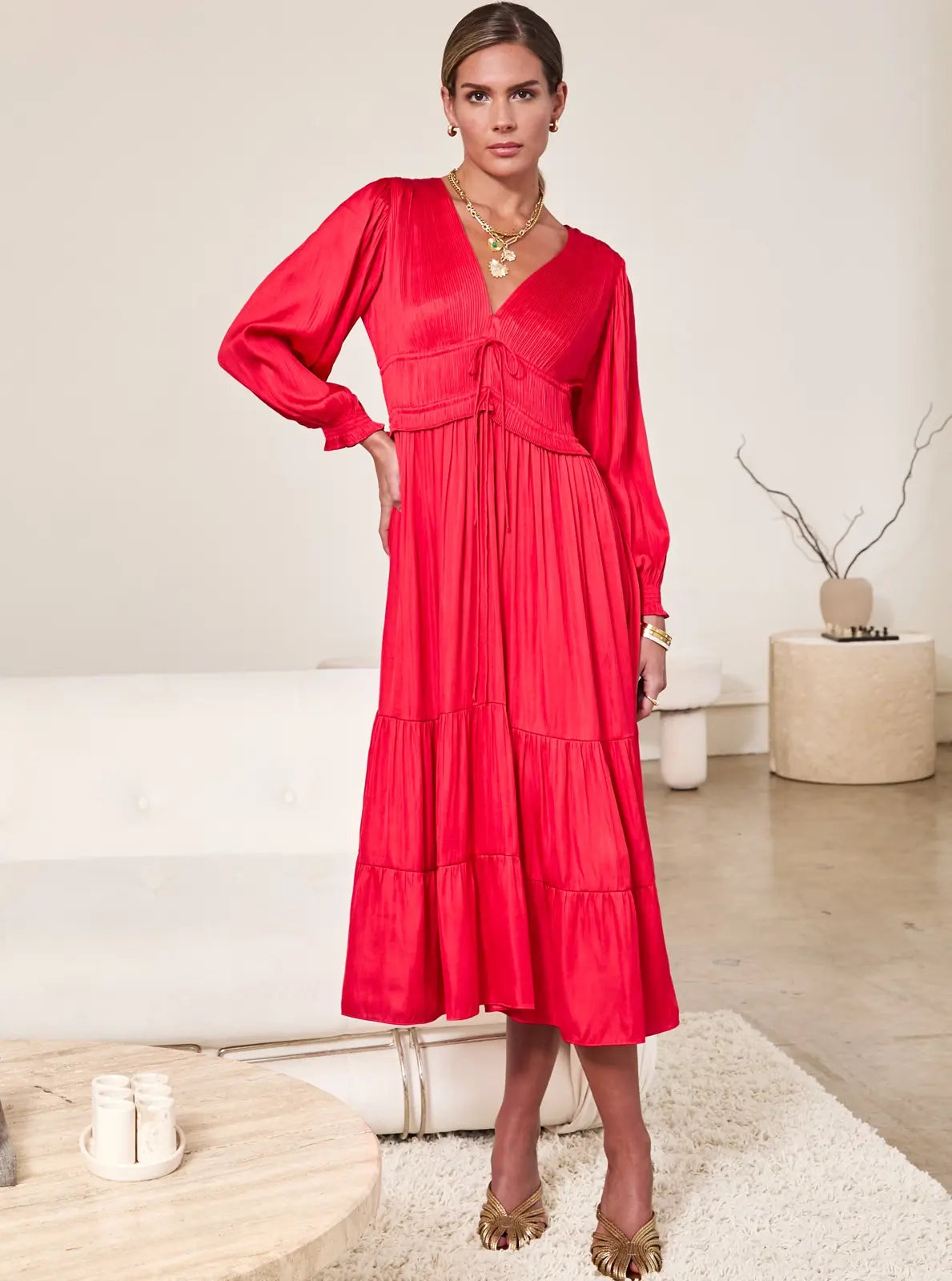 V NECK SATIN TIERED MIDI DRESS