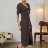 Ribbed Short Sleeve Midi Dress with Gold Buttons