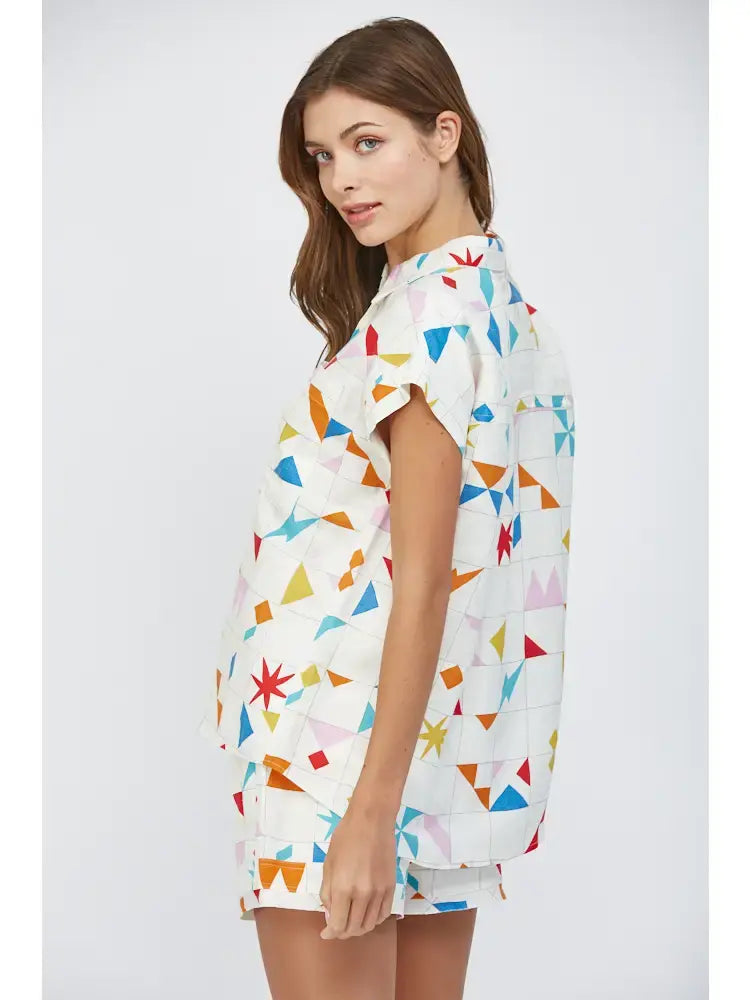 GEO PRINT SSLV BUTTON UP