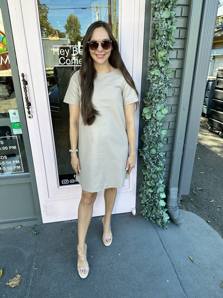 SHORT SLEEVE LEATHER SHIFT DRESS