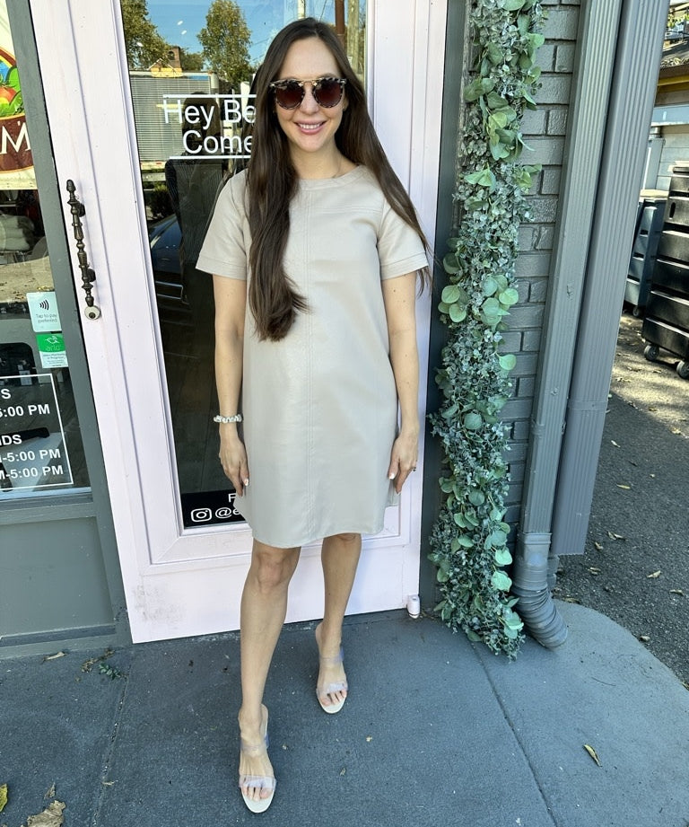 SHORT SLEEVE LEATHER SHIFT DRESS
