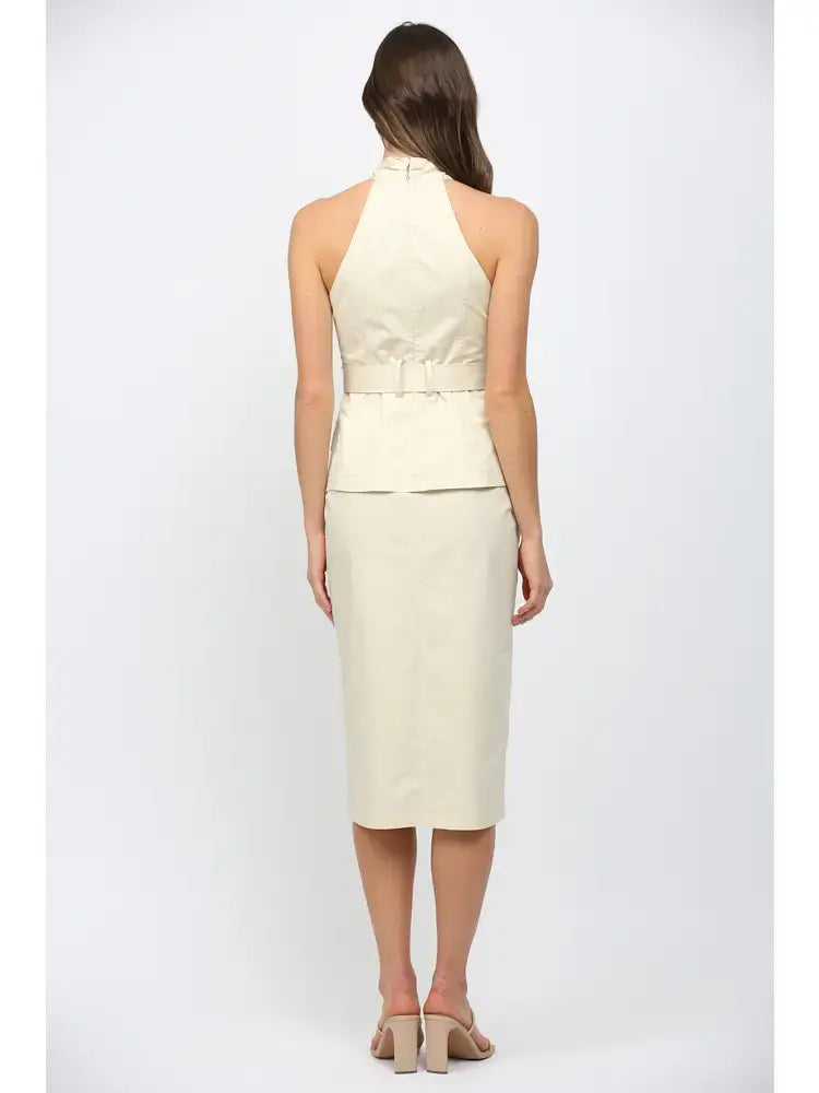 FARRAH CROSS OVER NECK BELTED MIDI DRESS