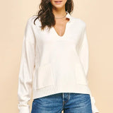 COLLARED VNECK SWEATER W/FRONT POCKETS