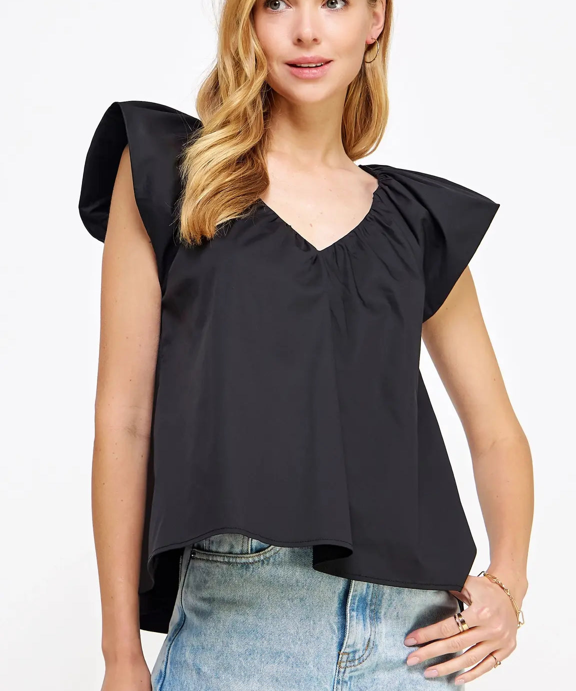 VNECK PUFF SLEEVE POPLIN TOP