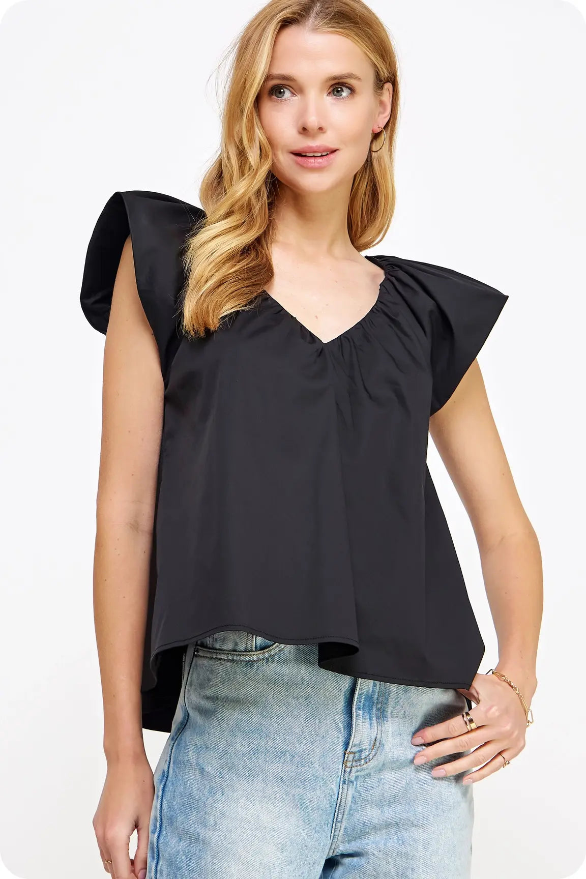 VNECK PUFF SLEEVE POPLIN TOP