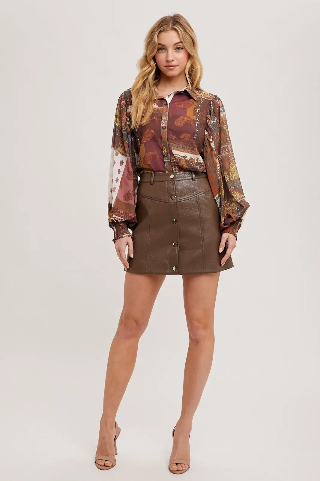 FAUX LEATHER BUTTON DOWN MINI SKIRT