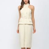 FARRAH CROSS OVER NECK BELTED MIDI DRESS