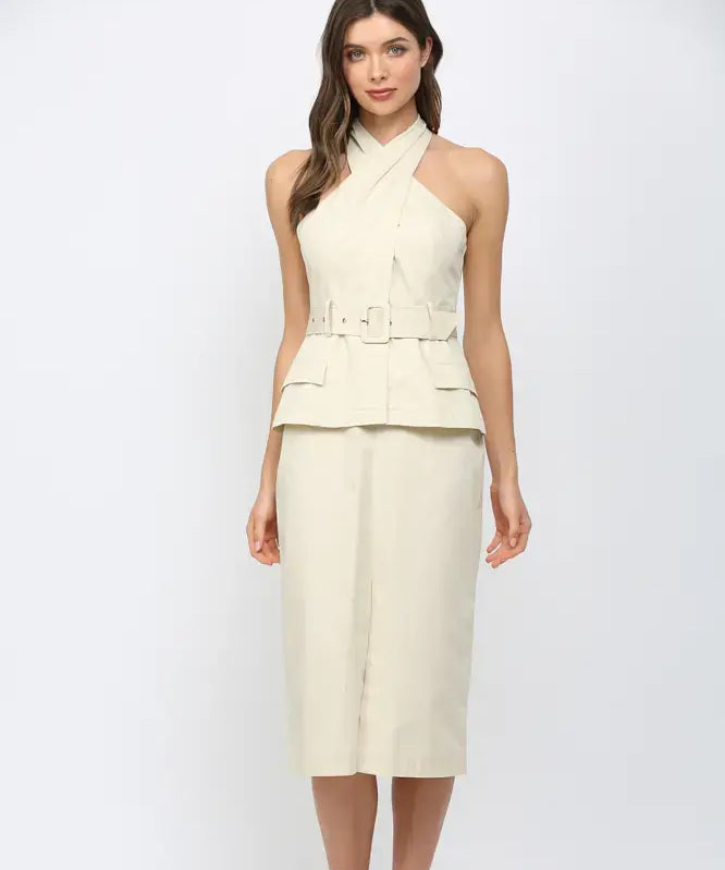 FARRAH CROSS OVER NECK BELTED MIDI DRESS