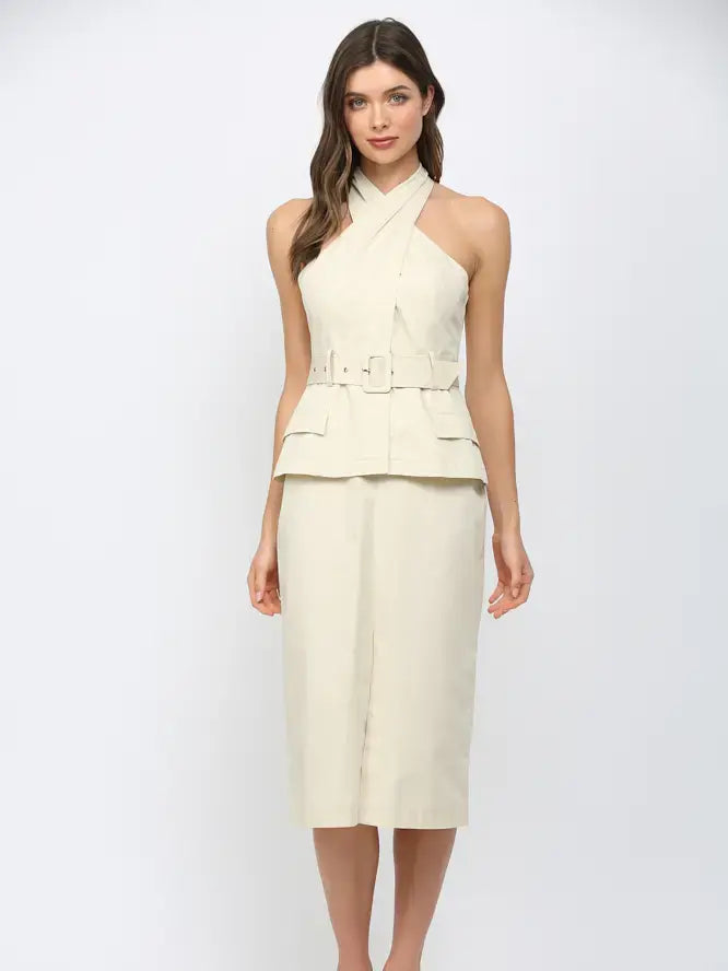 FARRAH CROSS OVER NECK BELTED MIDI DRESS