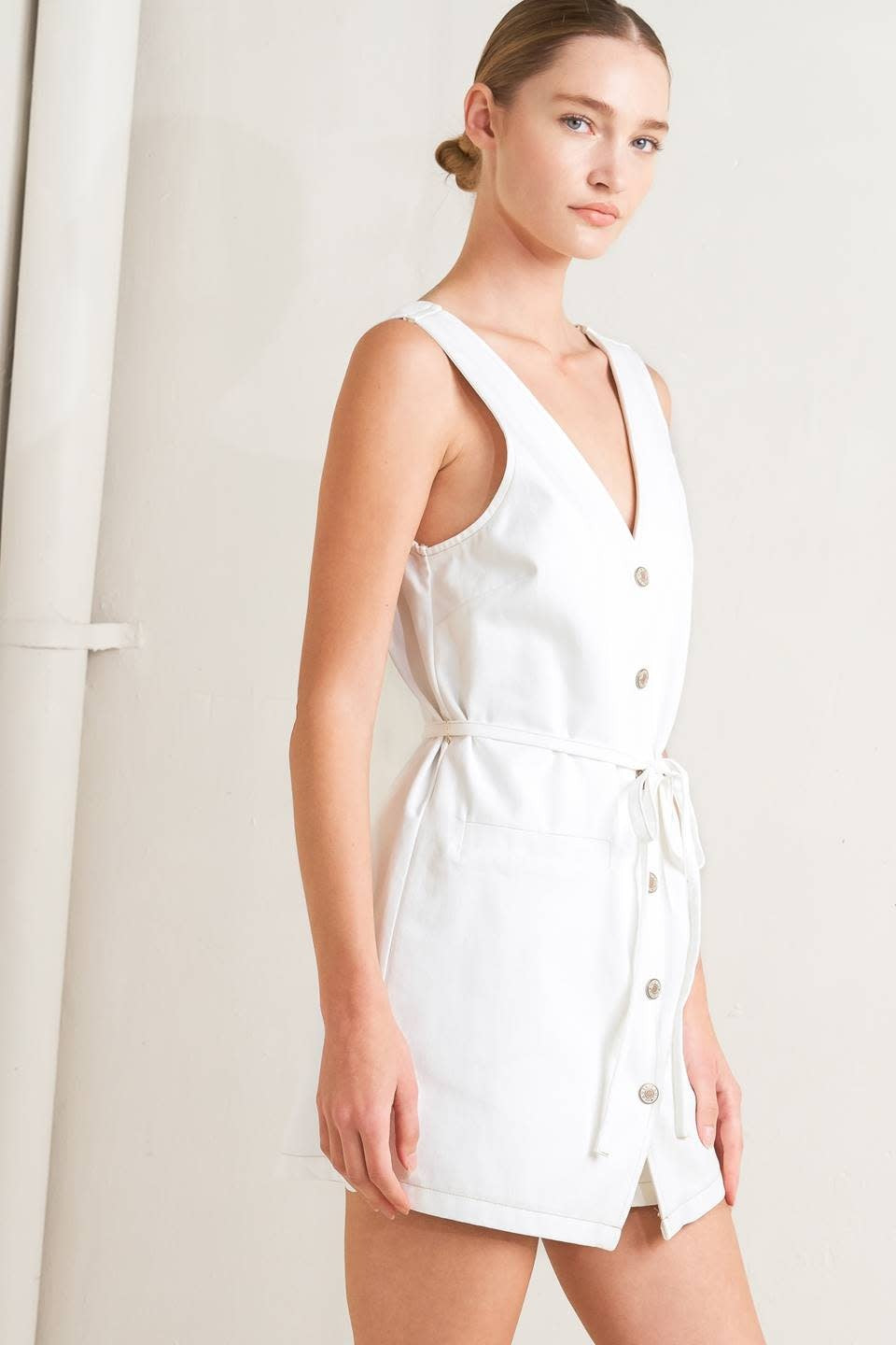 DENIM VNECK BUTTON UP ROMPER