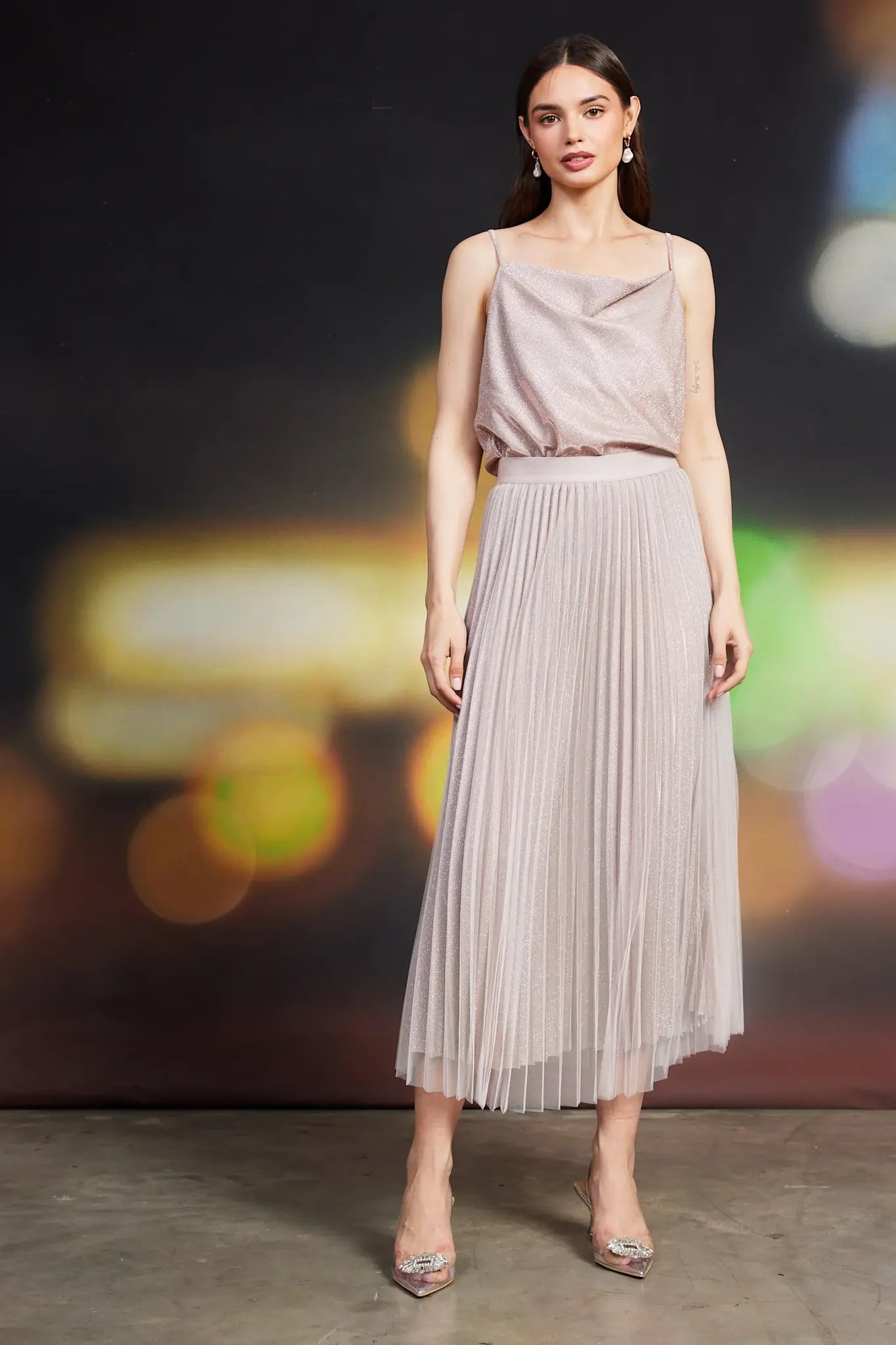PLEATED TULLE MIDI SKIRT