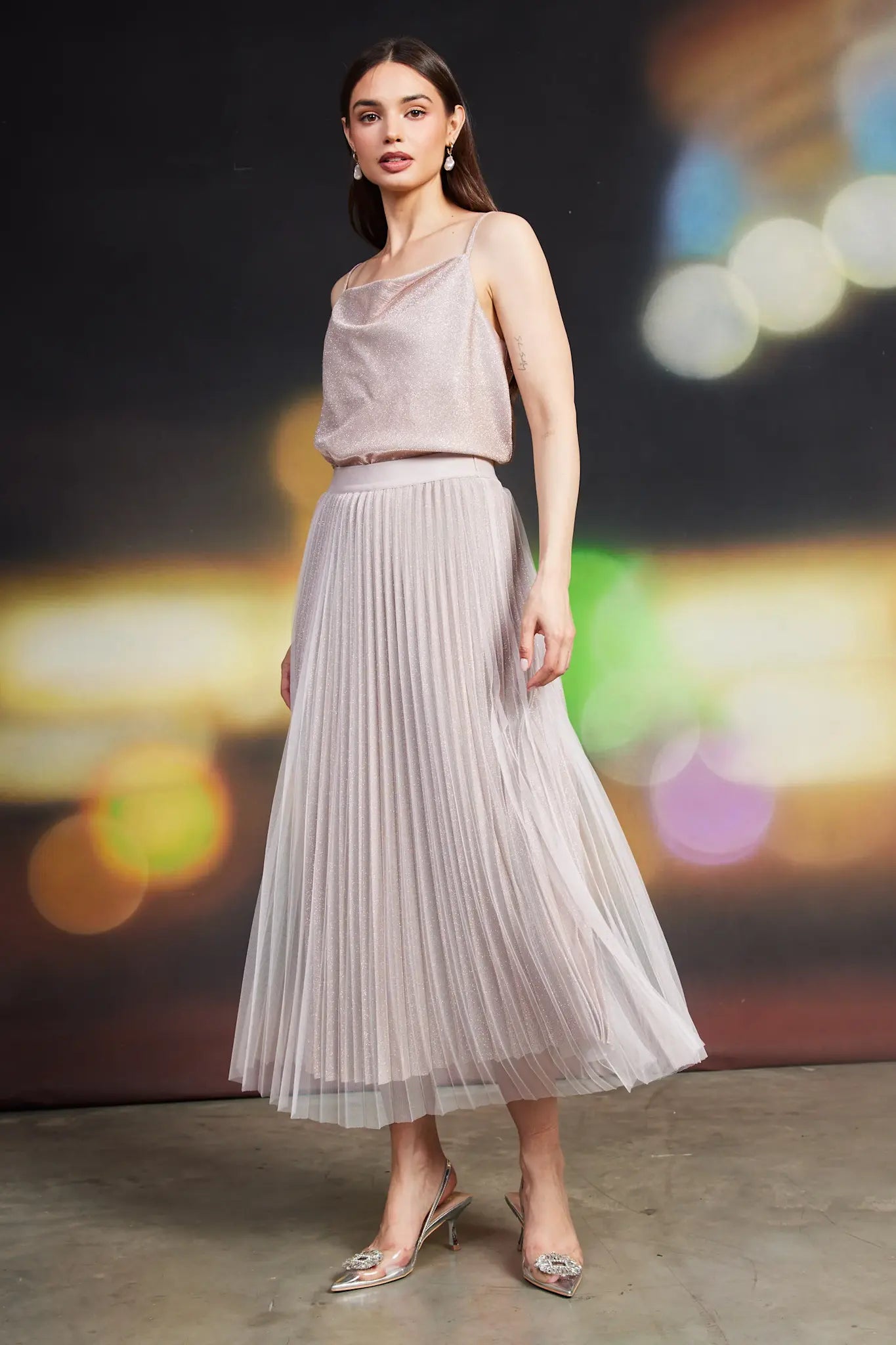 PLEATED TULLE MIDI SKIRT