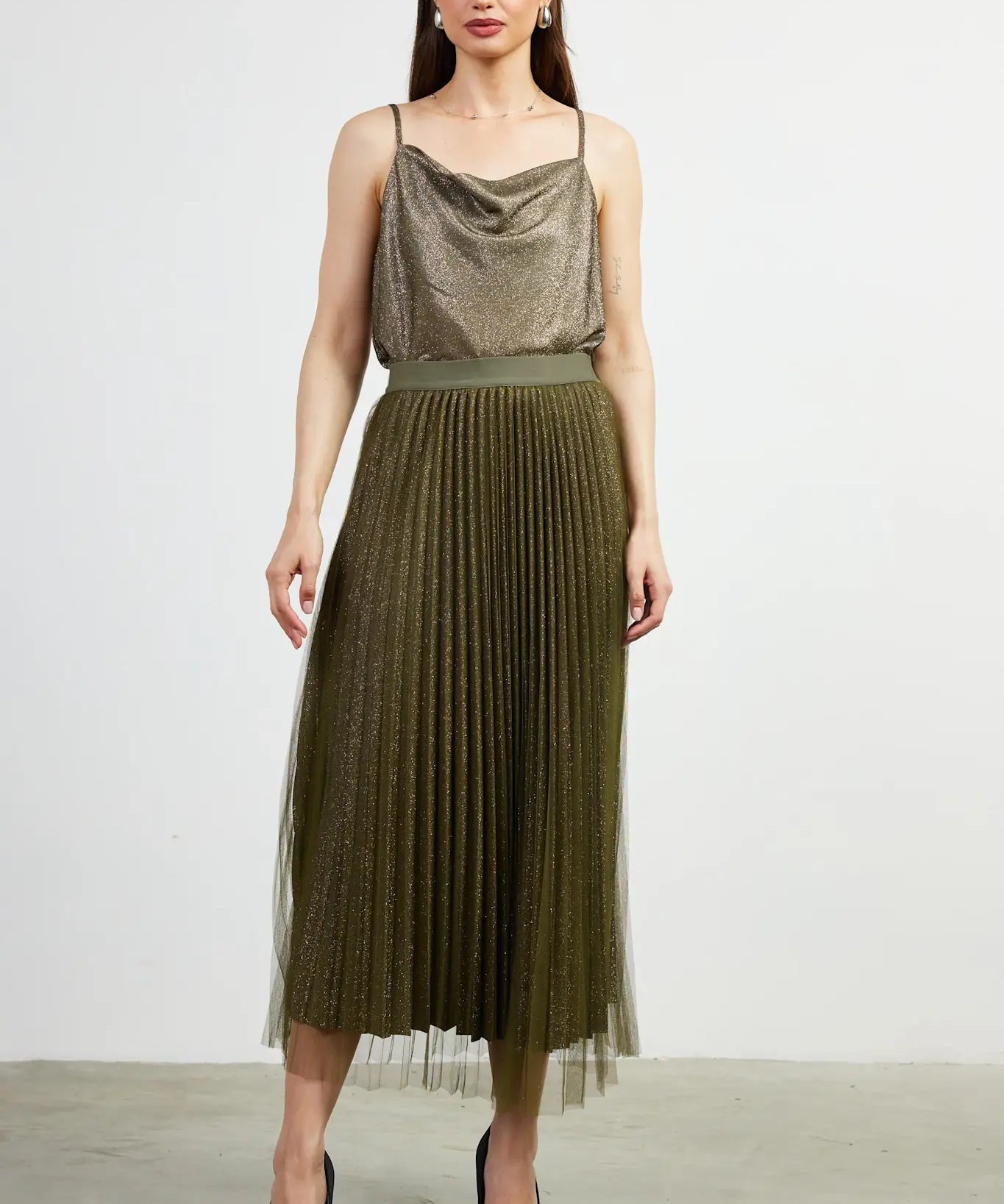 PLEATED TULLE MIDI SKIRT