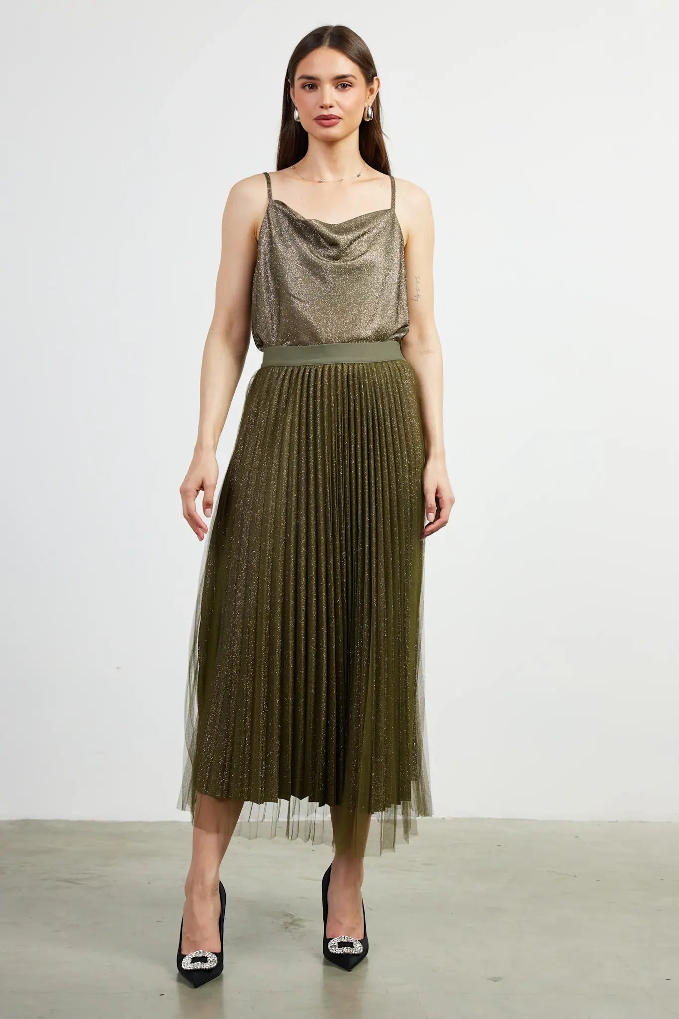 PLEATED TULLE MIDI SKIRT