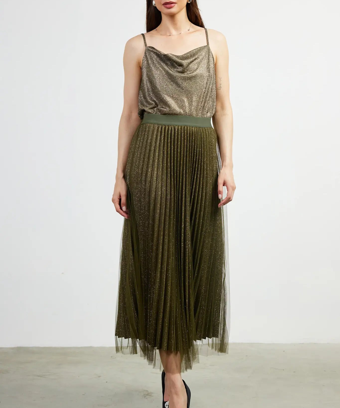 PLEATED TULLE MIDI SKIRT