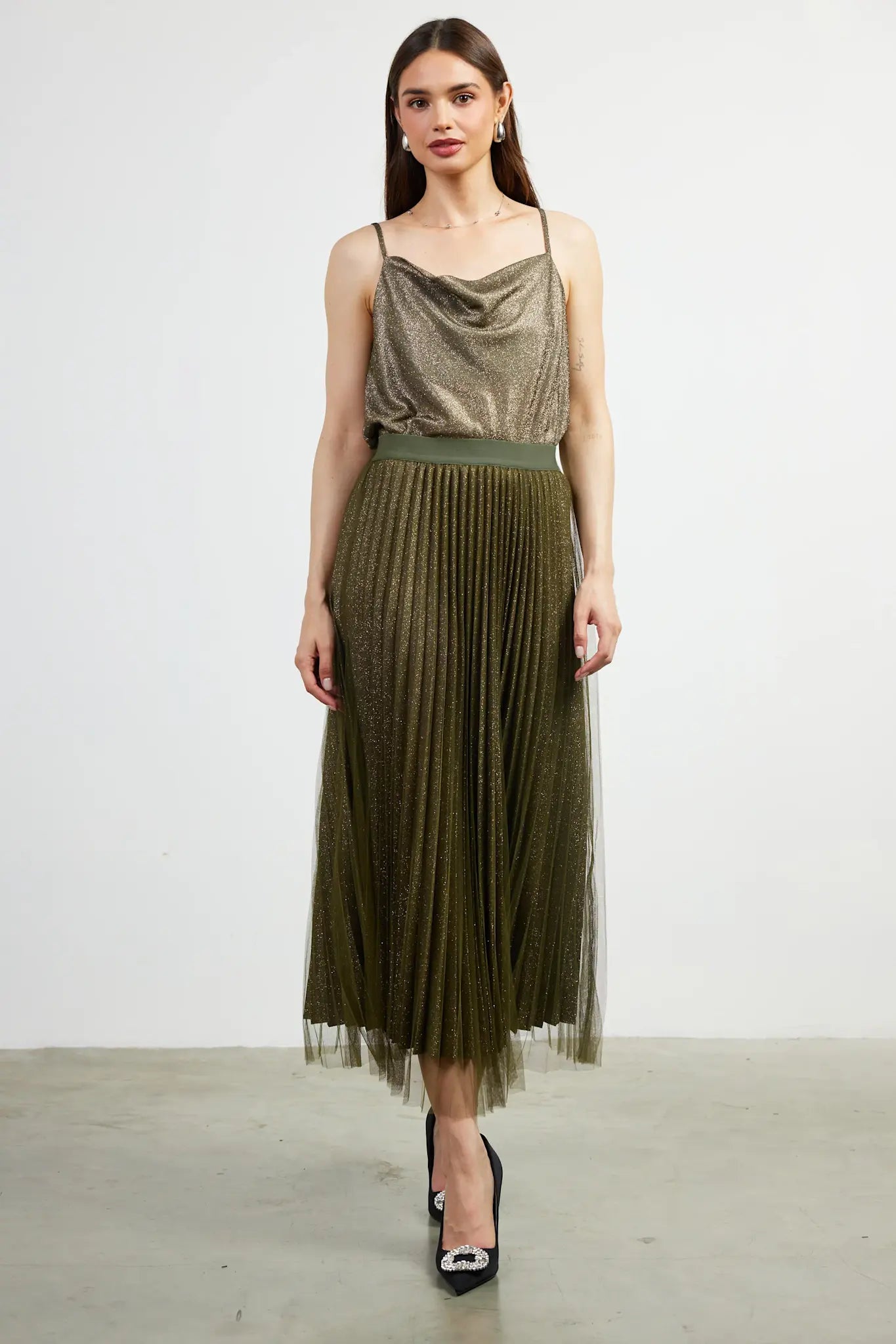 PLEATED TULLE MIDI SKIRT