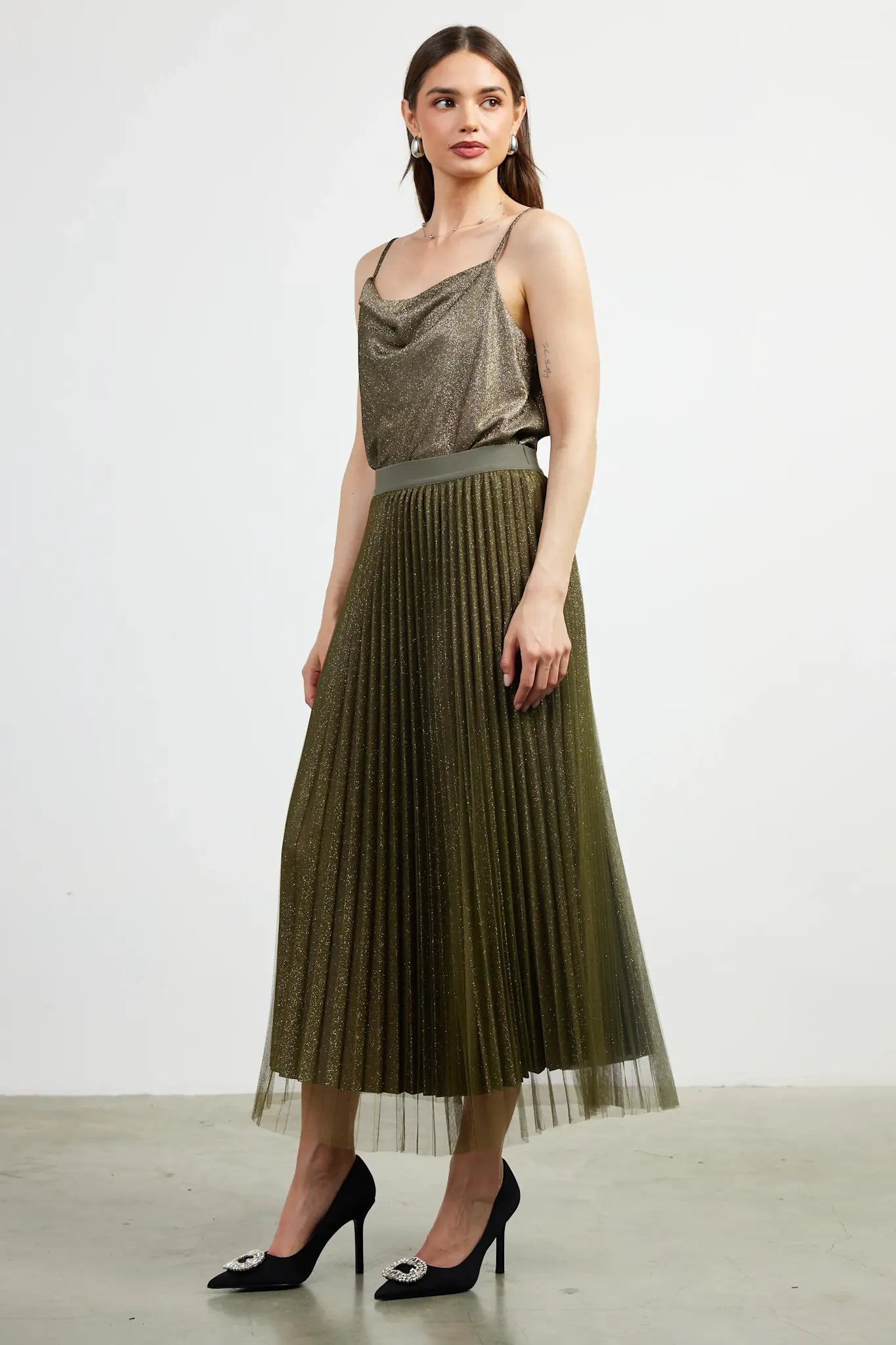 PLEATED TULLE MIDI SKIRT