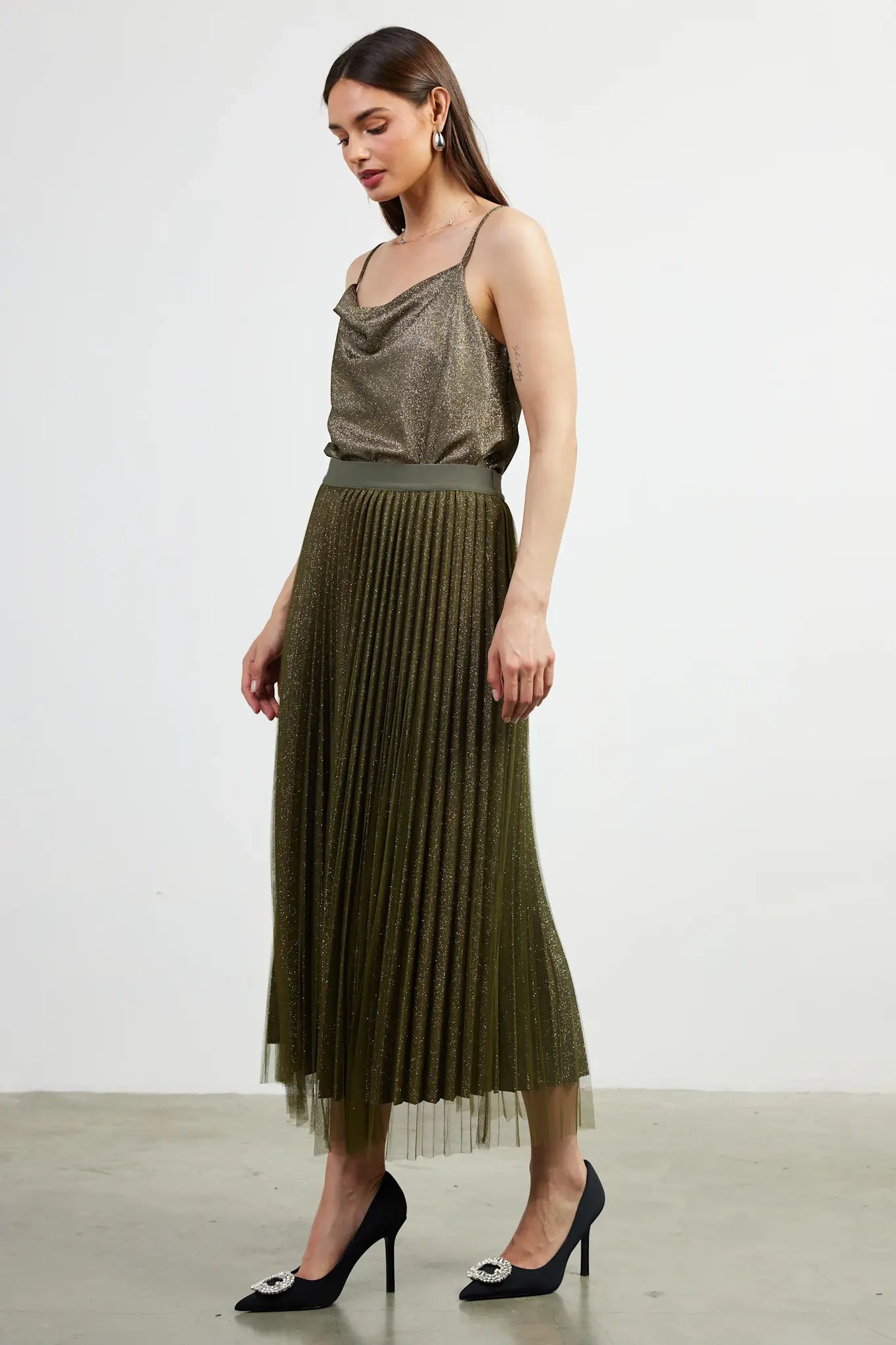 PLEATED TULLE MIDI SKIRT