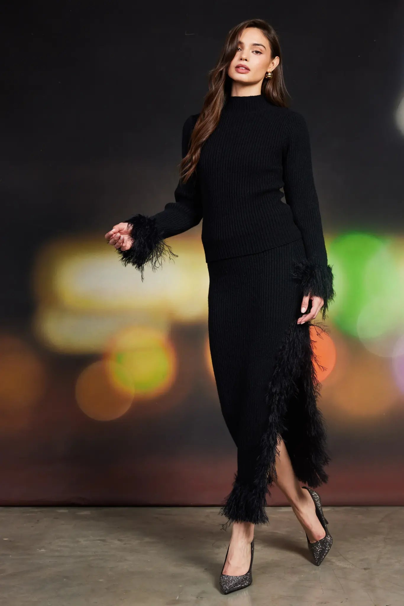 FEATHERED FRINGE MOCK TURTLENECK