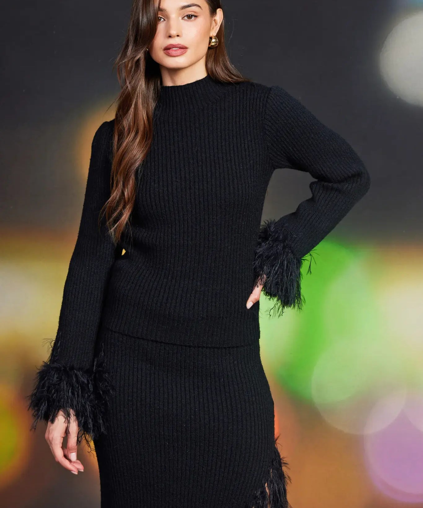 FEATHERED FRINGE MOCK TURTLENECK