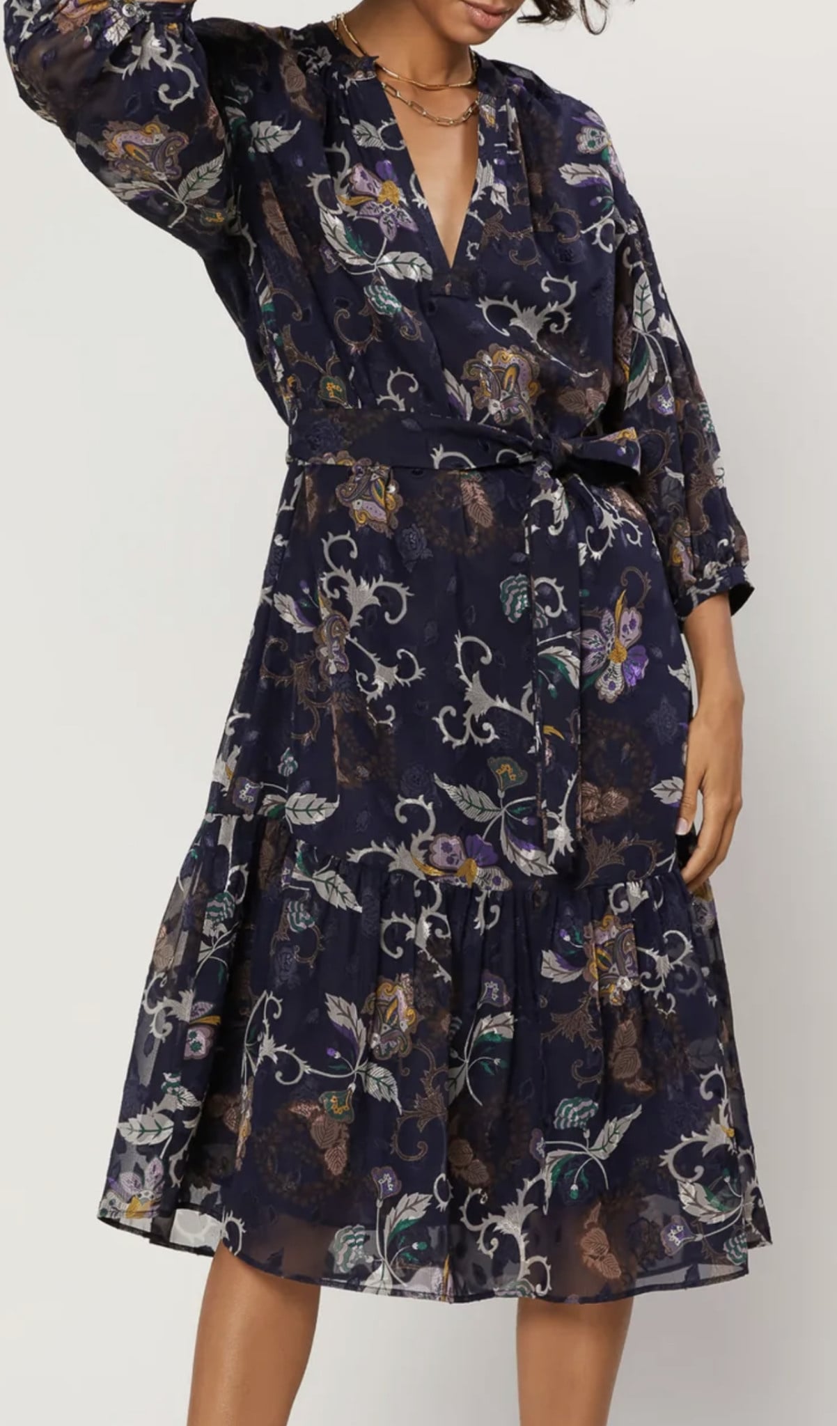 FLORAL JACQUARD LSLV MIDI DRESS